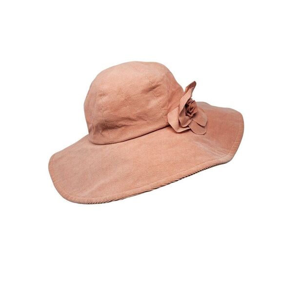 Vtg Betmar Peach Corduroy Wide Brim Sun Hat Flower Accent Cottagecore Feminine - Picture 2 of 9